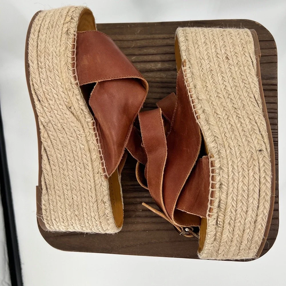 Alohas Vegas Camel Leather Platform Espadrille Sandals Brown Wedge Spain US 10